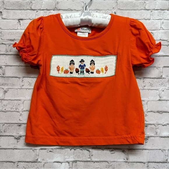 Chick and Chap Smocked Girls 24 Month Pilgrim Orange Top Thanksgiving Knit Shirt - Picture 1 of 6